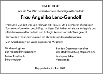 Traueranzeige von Angelika Lenz-Gundolf von vrm-trauer