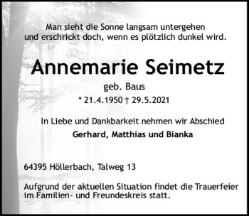 Traueranzeige von Annemarie Seimetz von vrm-trauer