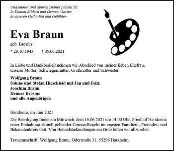 Traueranzeige von Eva Braun von vrm-trauer