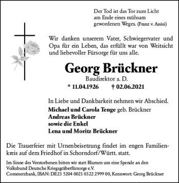 Traueranzeige von Georg Brückner von vrm-trauer