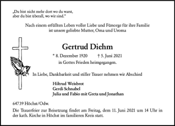 Traueranzeige von Gertrud Diehm von vrm-trauer