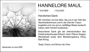 Traueranzeige von Hannelore Maul von vrm-trauer