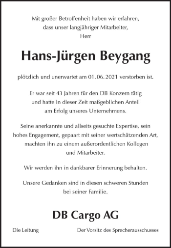 Traueranzeige von Hans-Jürgen Beygang von vrm-trauer
