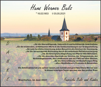 Traueranzeige von Hans Werner Balz von vrm-trauer