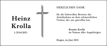 Traueranzeige von Heinz Krolla von vrm-trauer