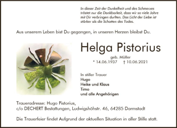 Traueranzeige von Helga Pistorius von vrm-trauer