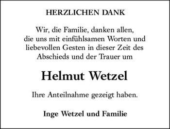 Traueranzeige von Helmut Wetzel von vrm-trauer