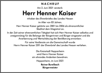 Traueranzeige von Henner Kaiser von vrm-trauer