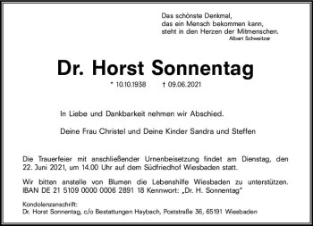 Traueranzeige von Horst Sonnentag von vrm-trauer