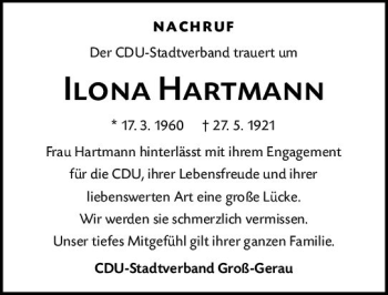 Traueranzeige von Ilona Hartmann von vrm-trauer