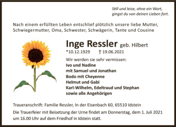 Traueranzeige von Inge Ressler von vrm-trauer