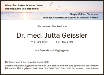 Traueranzeige von Jutta Geissler von vrm-trauer