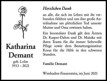 Traueranzeige von Katharina Demant von vrm-trauer