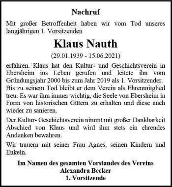 Traueranzeige von Klaus Nauth von vrm-trauer