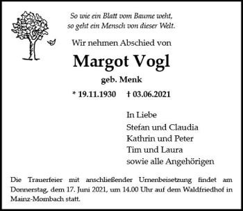Traueranzeige von Margot Vogt von vrm-trauer