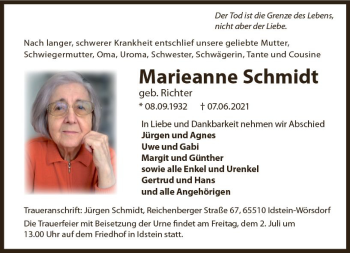Traueranzeige von Marieanne Schmidt von vrm-trauer