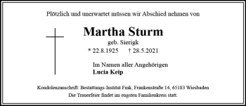 Traueranzeige von Martha Sturm von vrm-trauer