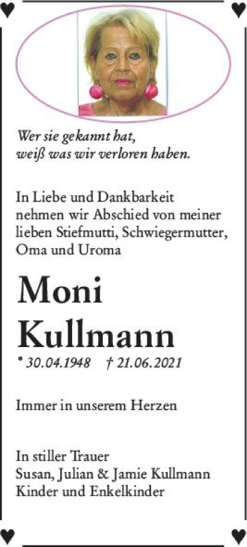 Traueranzeige von Moni Kullmann von vrm-trauer