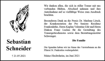 Traueranzeige von Sebastian Schneider von vrm-trauer