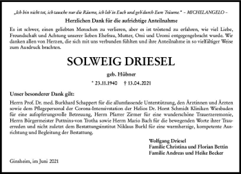 Traueranzeige von Solweig Driesel von vrm-trauer