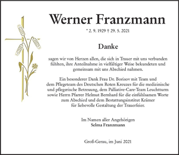 Traueranzeige von Werner Franzmann von vrm-trauer