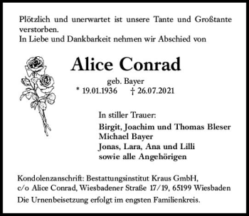 Traueranzeige von Alice Conrad von vrm-trauer