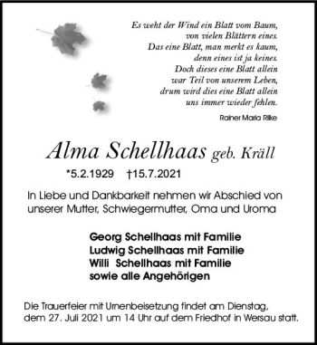 Traueranzeige von Alma Schellhaas Kräll von vrm-trauer