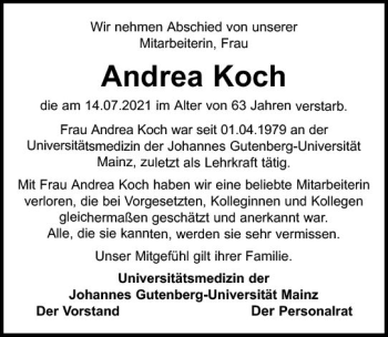 Traueranzeige von Andrea Koch von vrm-trauer