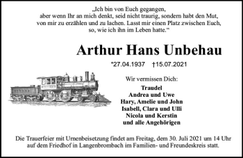 Traueranzeige von Arthur Hans Unbehau von vrm-trauer