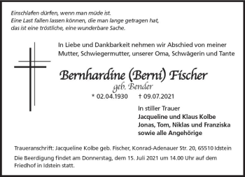 Traueranzeige von Bernhardine Fischer von vrm-trauer