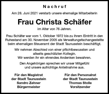 Traueranzeige von Christa Schäfer von vrm-trauer