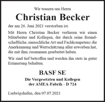 Traueranzeige von Christian Becker von vrm-trauer