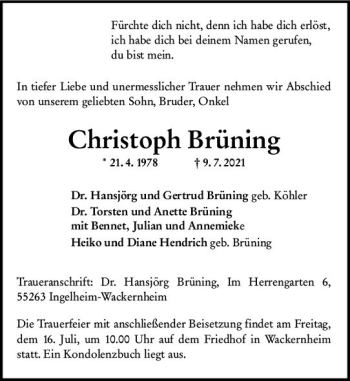 Traueranzeige von Christoph Brüning von vrm-trauer