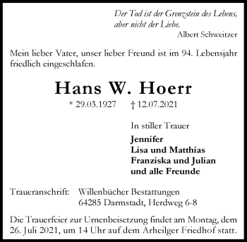 Traueranzeige von Hans W. Hoerr von VRM-TRAUER