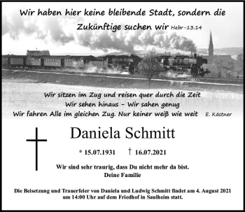 Traueranzeige von Daniela Schmitt von vrm-trauer