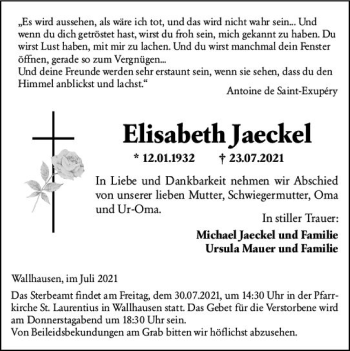 Traueranzeige von Elisabeth Jaeckel von vrm-trauer