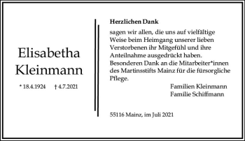 Traueranzeige von Elisabetha Kleinmann von vrm-trauer
