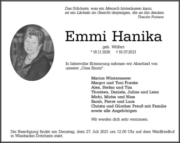 Traueranzeige von Emmi Hanika von vrm-trauer