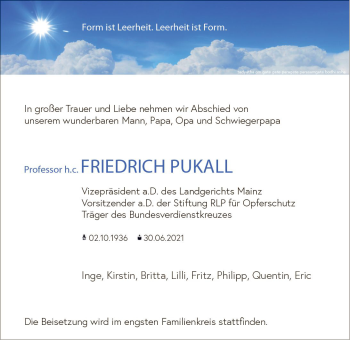 Traueranzeige von Friedrich Pukall von vrm-trauer