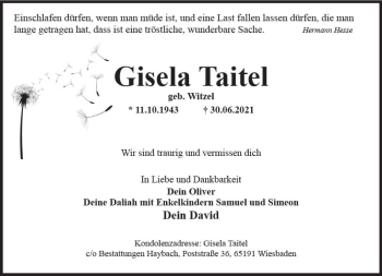 Traueranzeige von Gisela Taitel von vrm-trauer