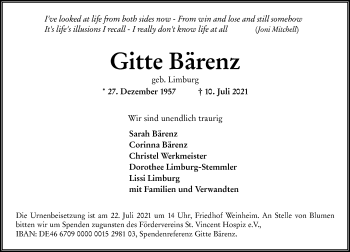 Traueranzeige von Gitte Bärenz von vrm-trauer