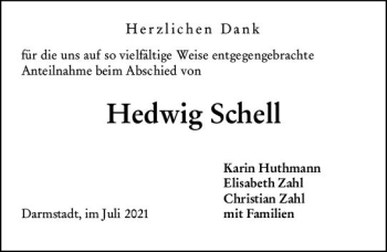 Traueranzeige von Hedwig Schell von vrm-trauer