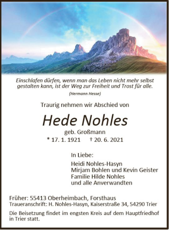 Traueranzeige von Heile Nohles von vrm-trauer