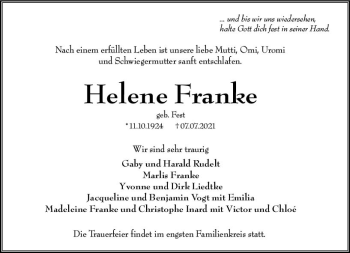 Traueranzeige von Helene Franke von vrm-trauer
