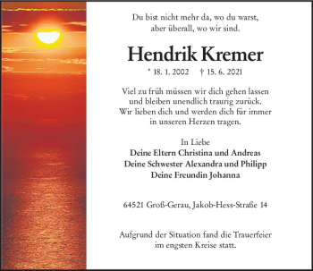 Traueranzeige von Hendrik Kremer von vrm-trauer