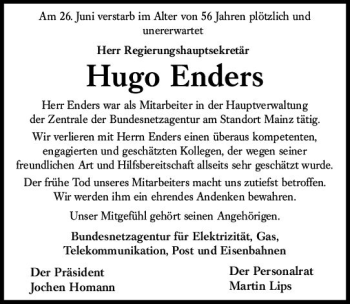 Traueranzeige von Hugo Enders von vrm-trauer