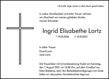 Traueranzeige von Ingrid Elisabethe Lortz von vrm-trauer