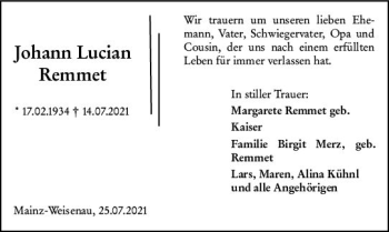 Traueranzeige von Johann Lucian Remmet von vrm-trauer