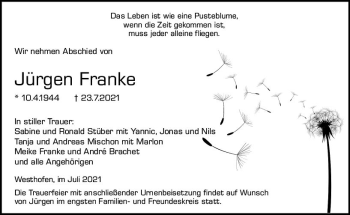 Traueranzeige von Jürgen Franke von vrm-trauer