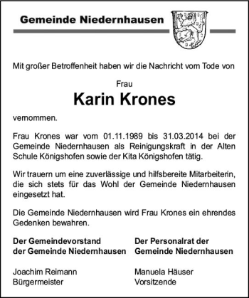 Traueranzeige von Karin Krones von vrm-trauer